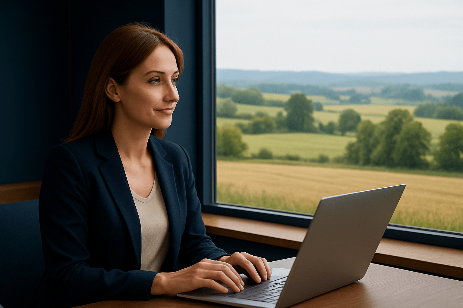Mujer trabajando con vista rural-min
