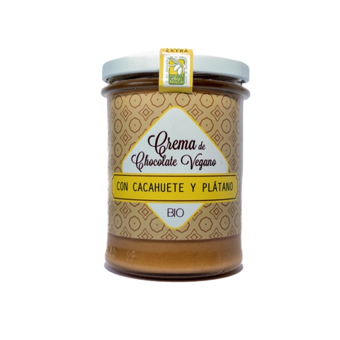 Crema vegan de chocolate, cacahuete y plátano bio ecologico