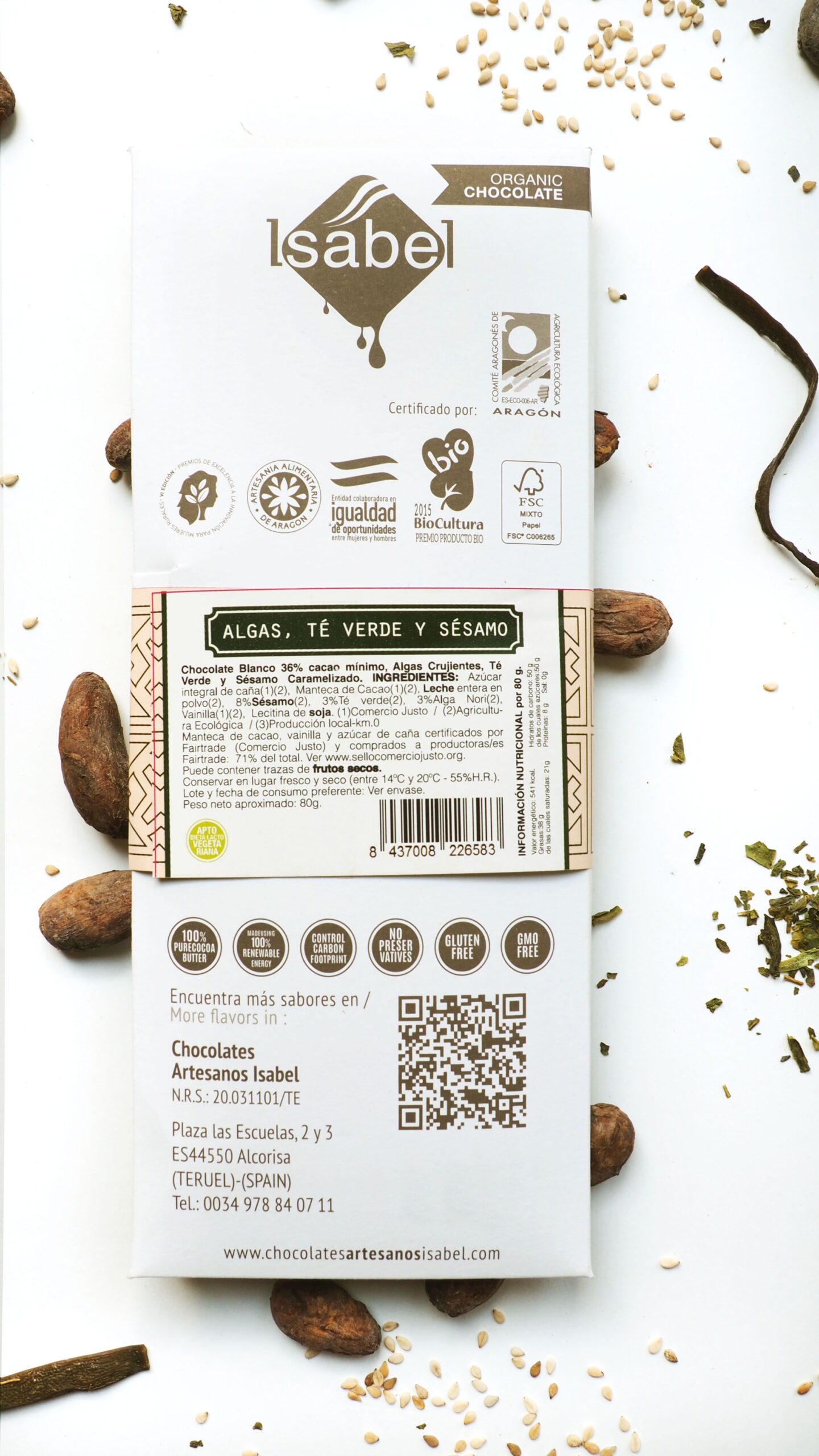 Tableta chocolate Blanco con Algas, Té Verde y Sésamo BIO FAIRTRADE