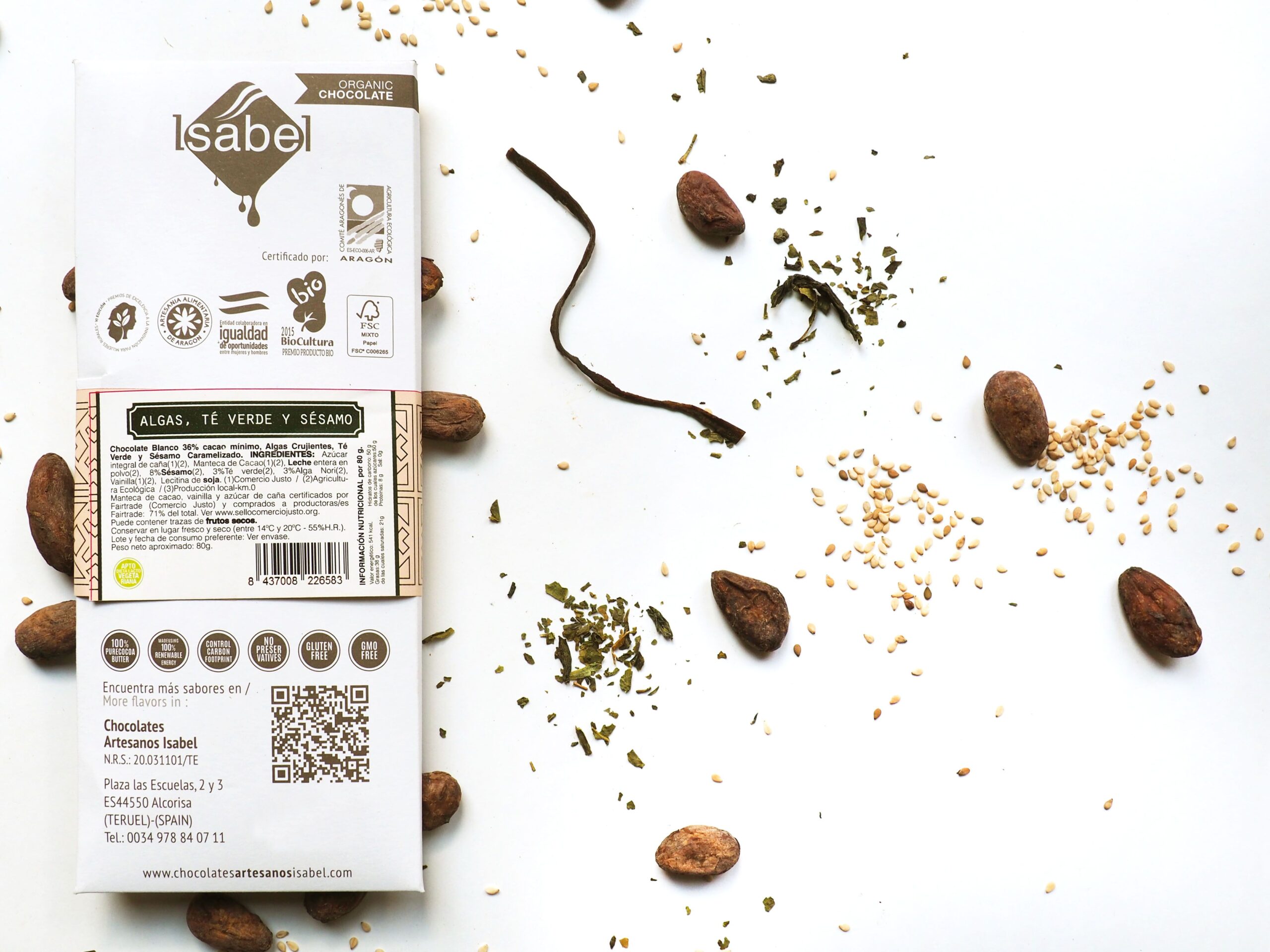 Tableta chocolate Blanco con Algas, Té Verde y Sésamo BIO FAIRTRADE