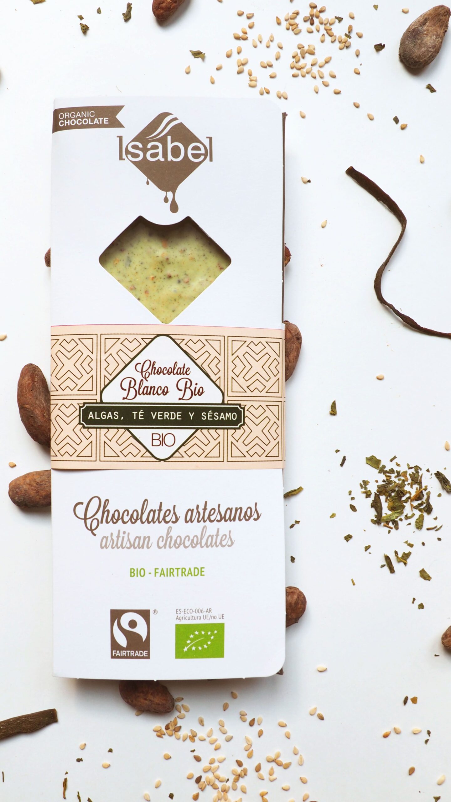 Tableta chocolate Blanco con Algas, Té Verde y Sésamo BIO FAIRTRADE