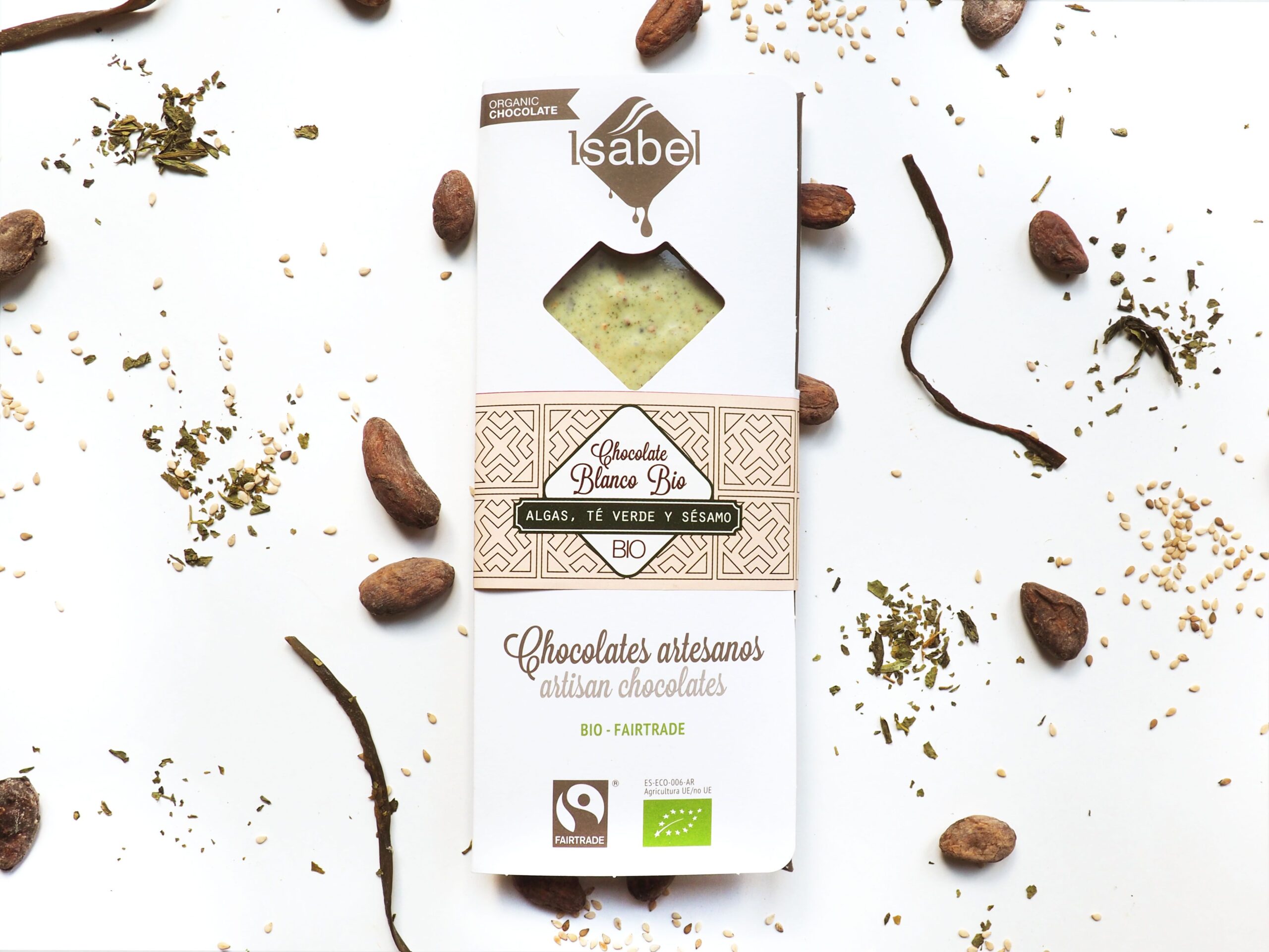 Tableta chocolate Blanco con Algas, Té Verde y Sésamo BIO FAIRTRADE